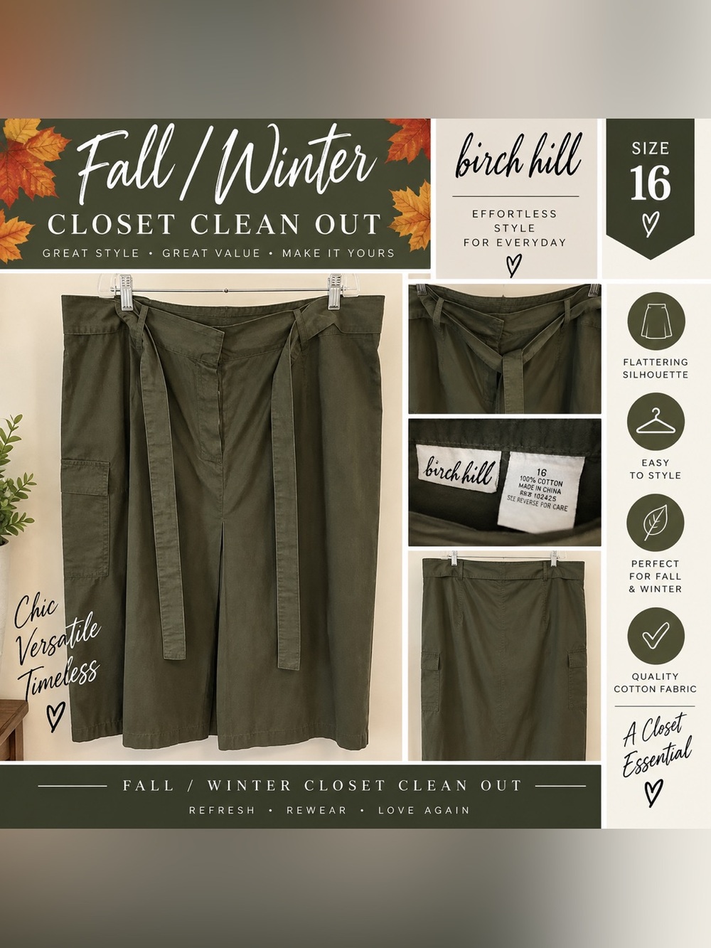 Birch Hill Olive Green A-Line Midi Skirt with Self Tie